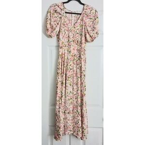 August Sky Midi Dress Women's Size Small Wrap Tie White Floral Cottagecore